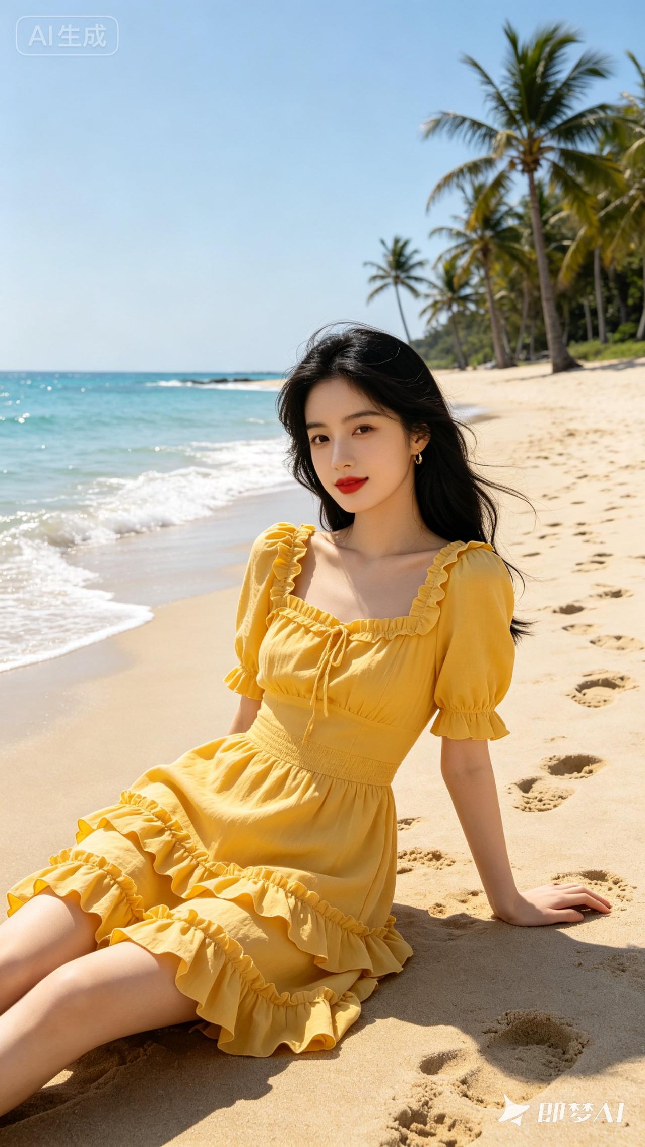 阳光沙滩上的甜美少女，黄色连衣裙飘逸动人，海风轻拂，美不胜收！🌞🏖️👗