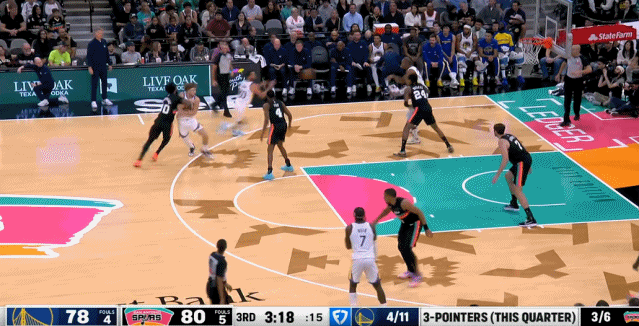 勇三疯来了，库里第三节22分，三分5中3，罚球9中9。 