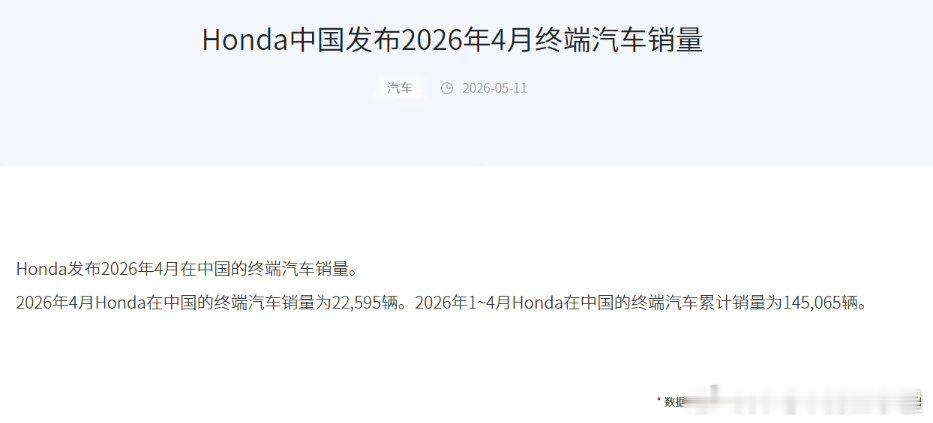 本田中国4月销量腰斩2026年4月，本田在中国市场遭遇断崖式下滑，终端销量仅为2