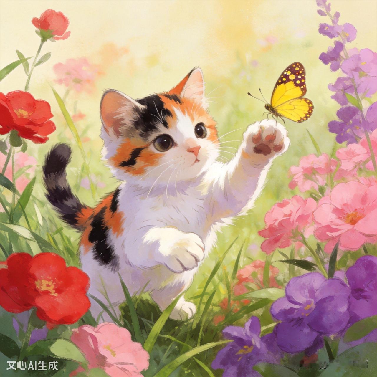 治愈的小奶猫与蝴蝶相遇，藏着满满的夏日温柔。