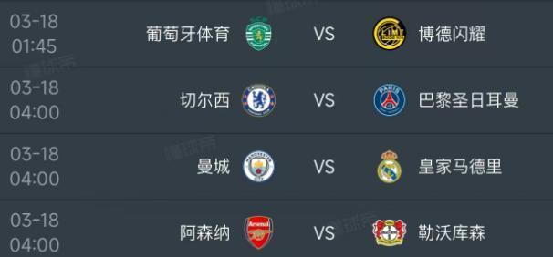 北京时间3月18日，明天的欧冠1/8决赛迎来第二回合的较量，赛程如下！

第一场
