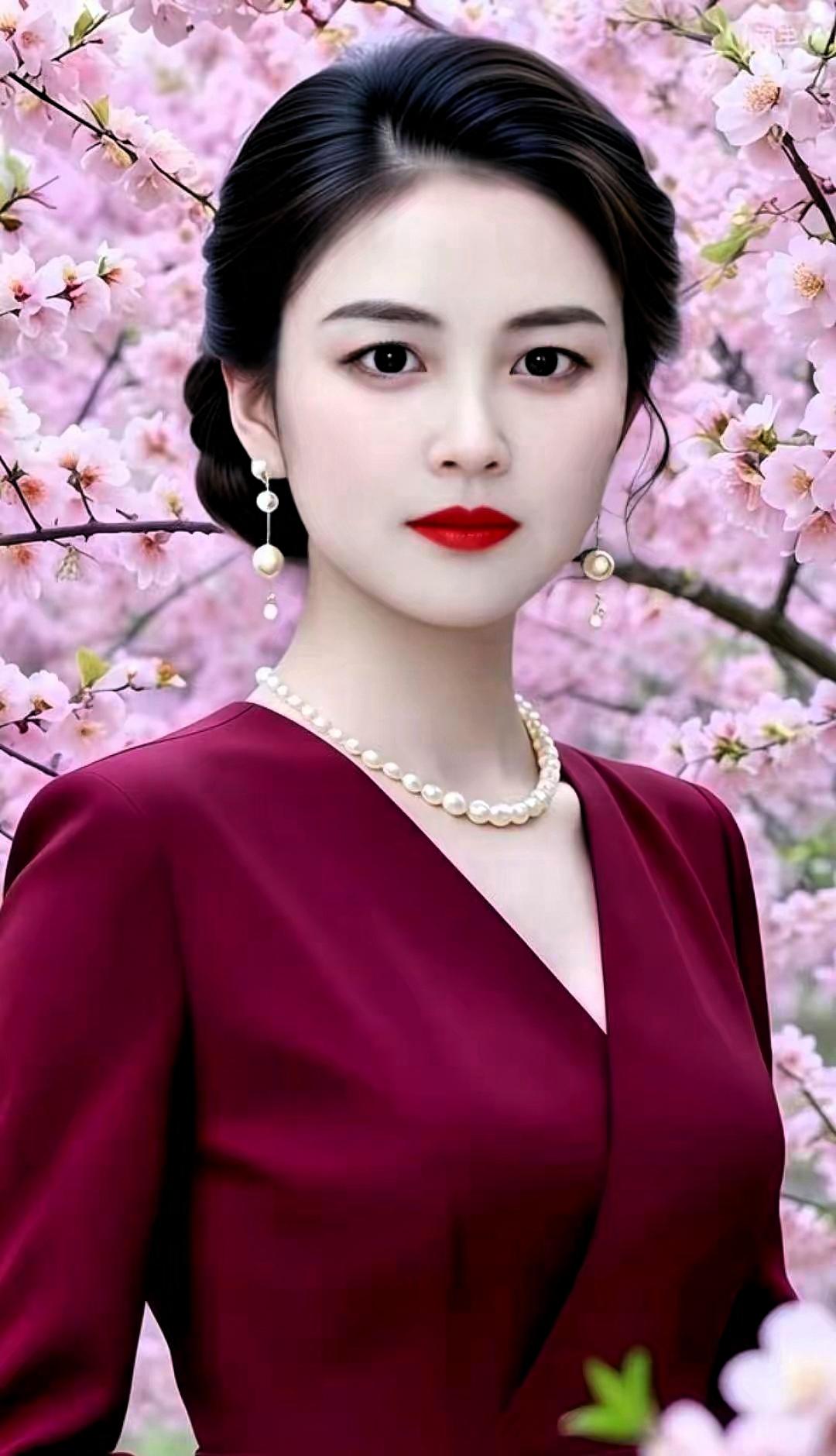 优雅红衣女子，置身粉色花海，尽显东方古典美。