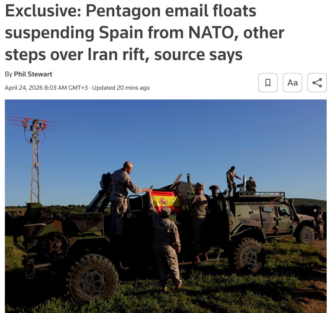 据路透社爆料，因为西班牙拒绝让美国用其军事基地攻打伊朗，五角大楼正在考虑暂停西班