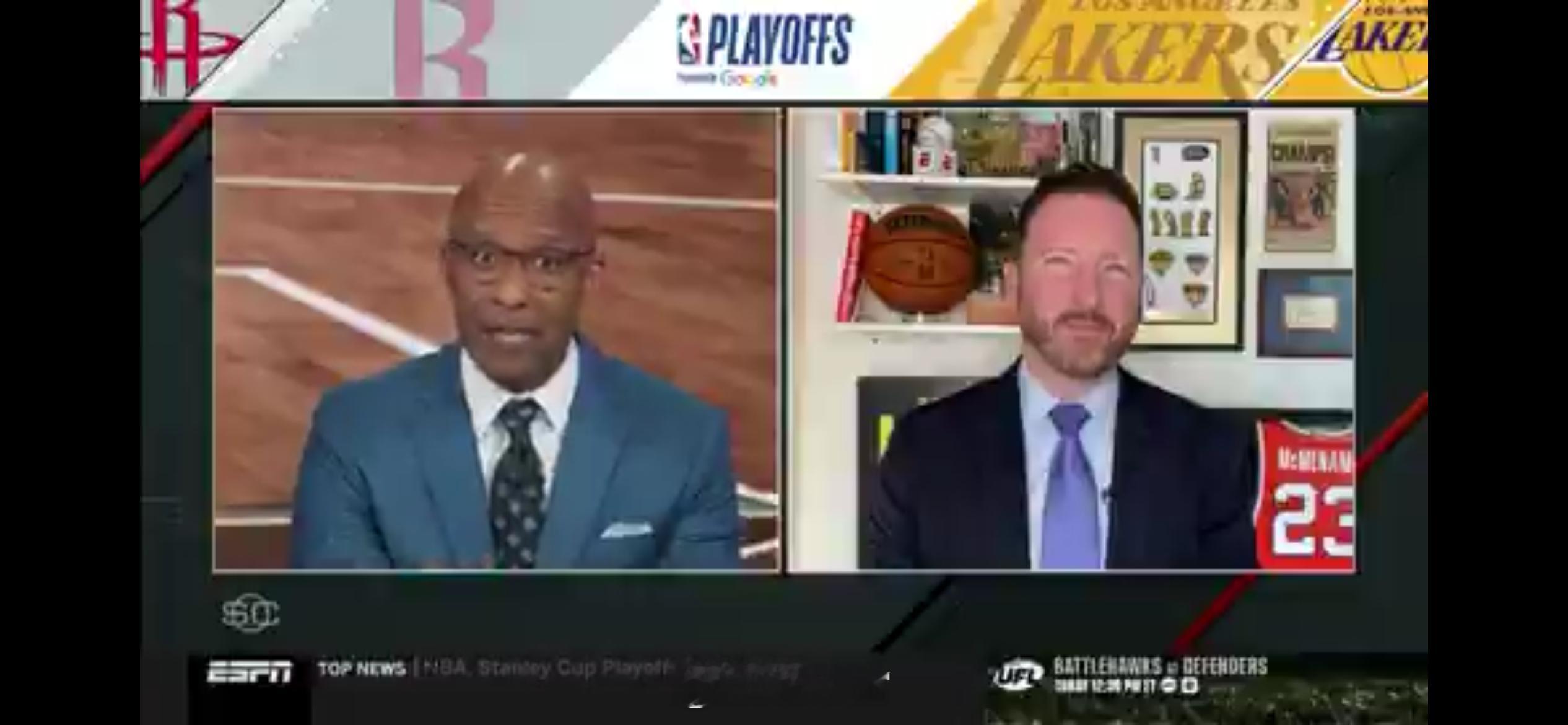 萧华预计詹姆斯下赛季会留在NBA；麦克马纳民预测詹姆斯新赛季会继续打。 