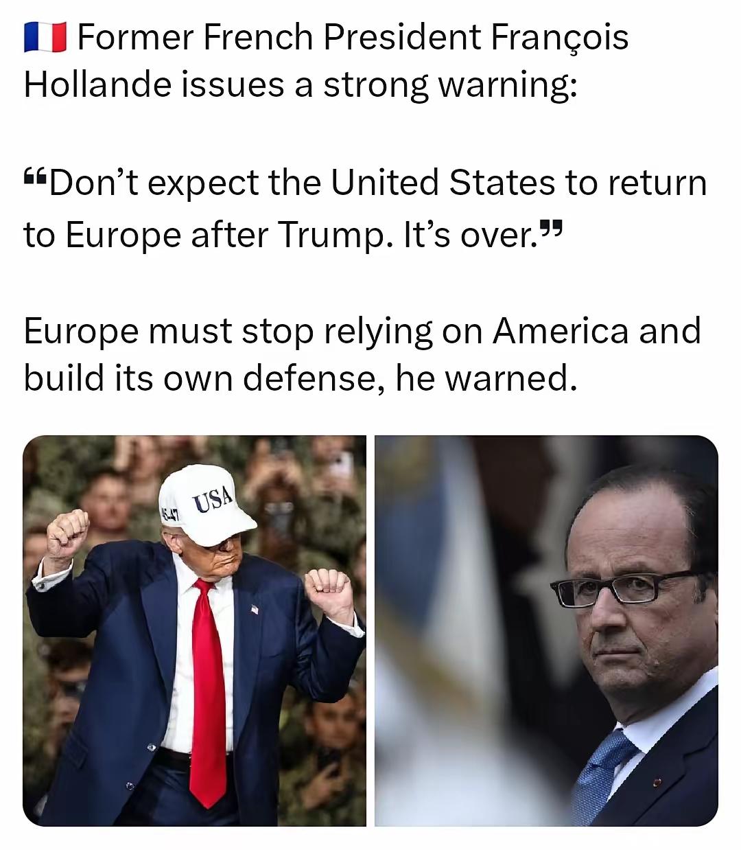 【生于忧患，但却碌碌无为】
前法国总统弗朗索瓦·奥朗德发出严厉警告：
“别指望特