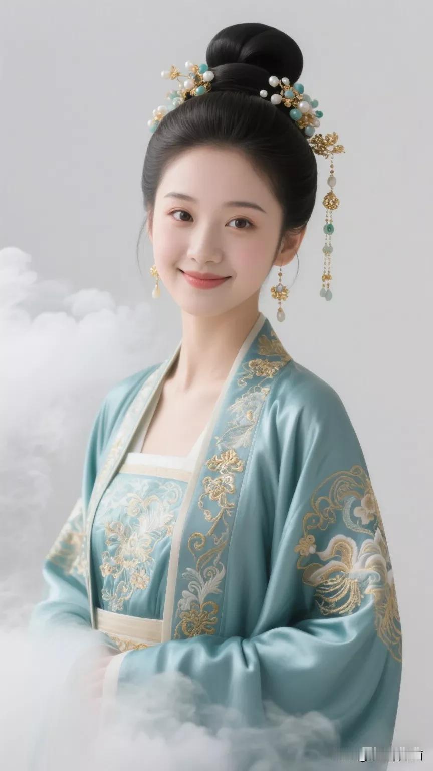 古典美人，云雾缭绕，宛如仙境。张立启原创书画AI作品古仕女发髻集锦首发第455期