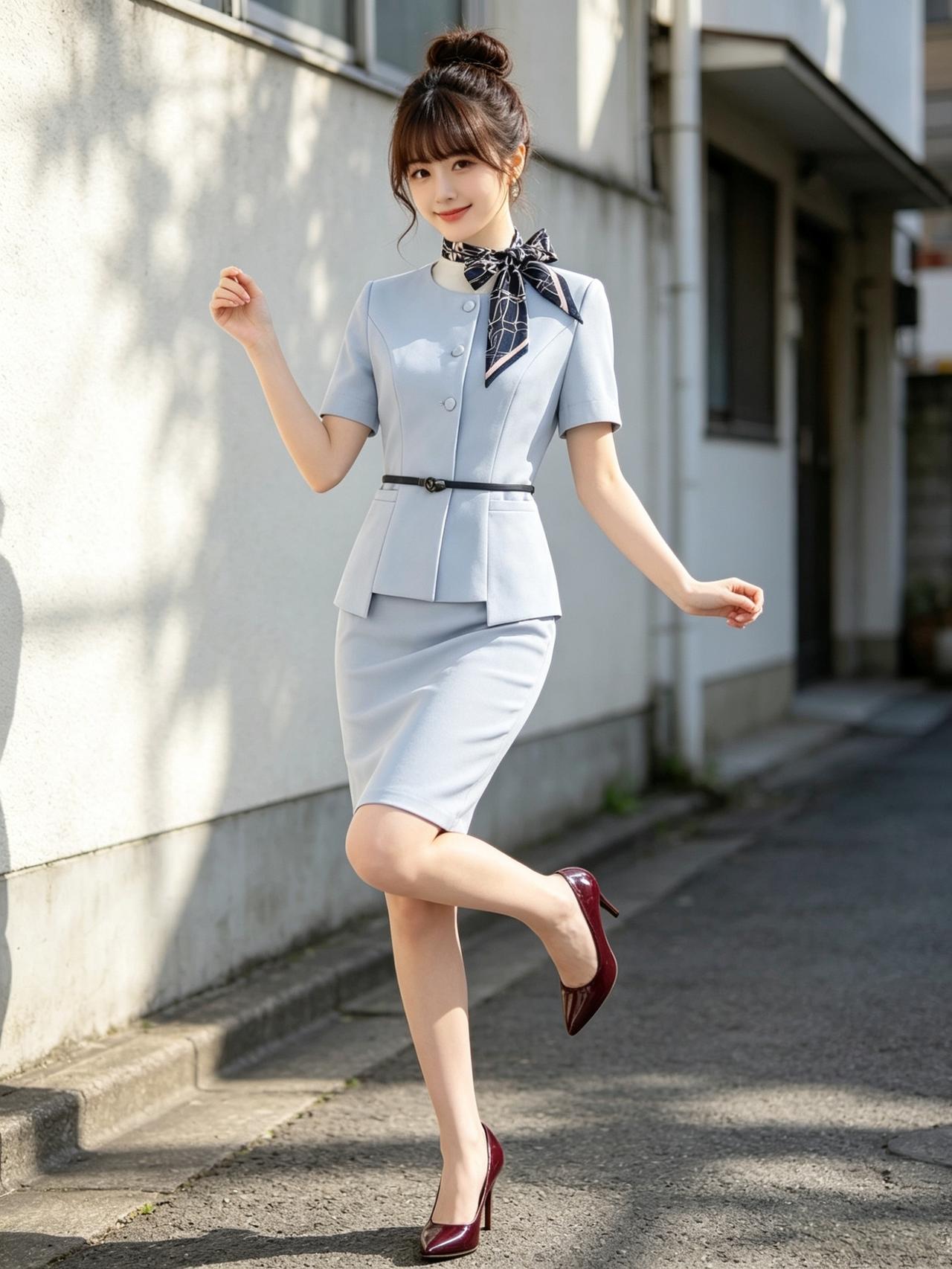 这位小姐姐穿着职业装，走路带风！