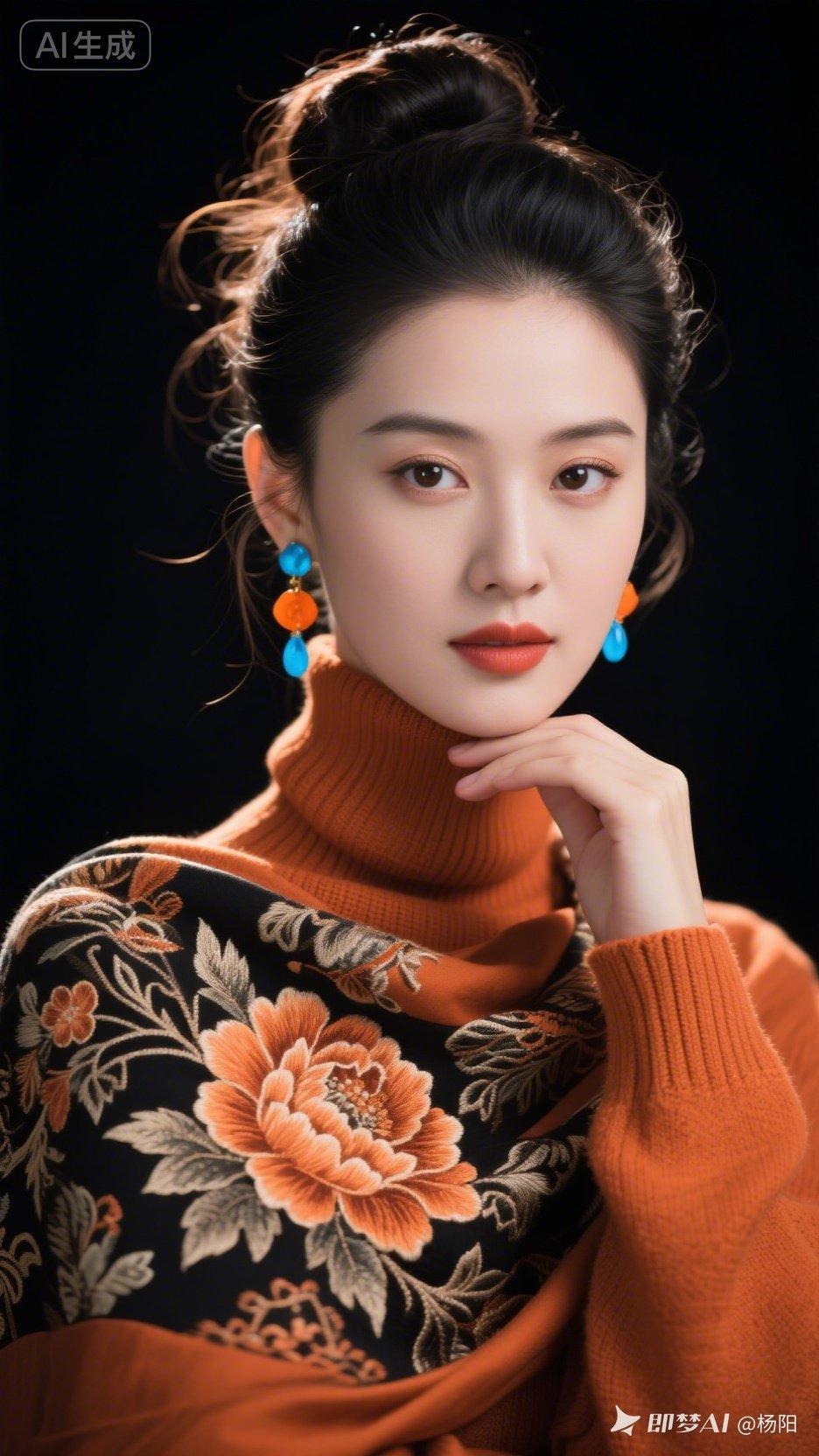 佳人高盘发丝微乱，发丝边缘泛柔光。橘色耳坠亮眼，身着橘调高档高领毛衫，颈搭花饰大
