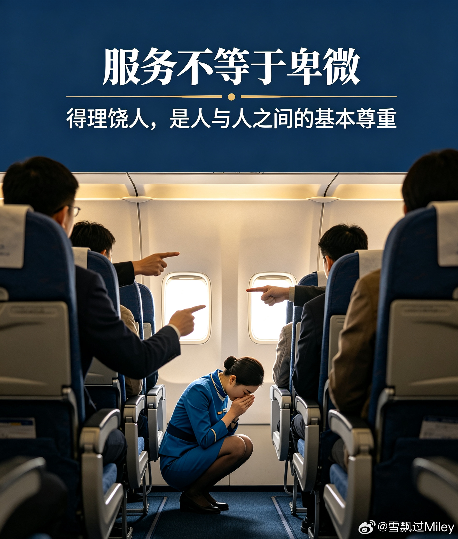 东航空姐下跪道歉看完事件始末心里五味杂陈。只是餐车轻微蹭到手肘，没有受伤，乘务员