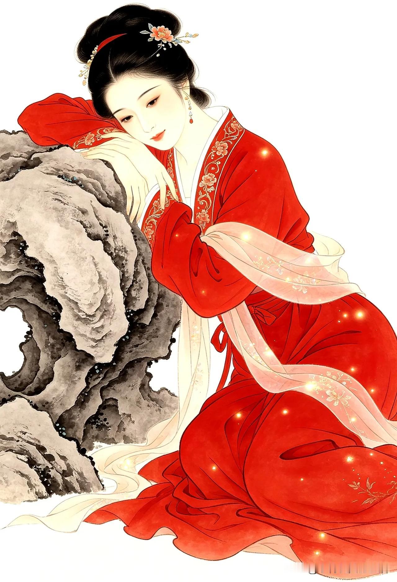 红衣美人倚石坐，花钿映日生光彩。