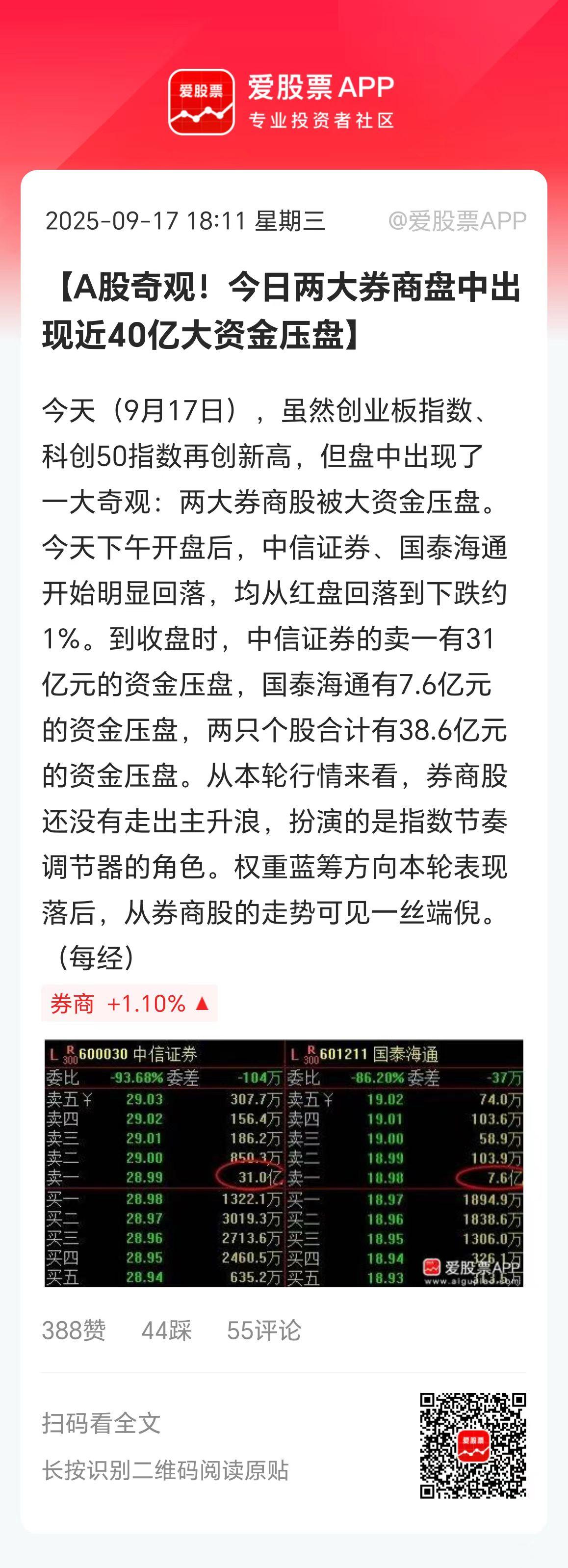 今天尾盘中信、海通、招商压了40个亿卖盘，这是几个意思呢？牛市不让券商涨，在A股