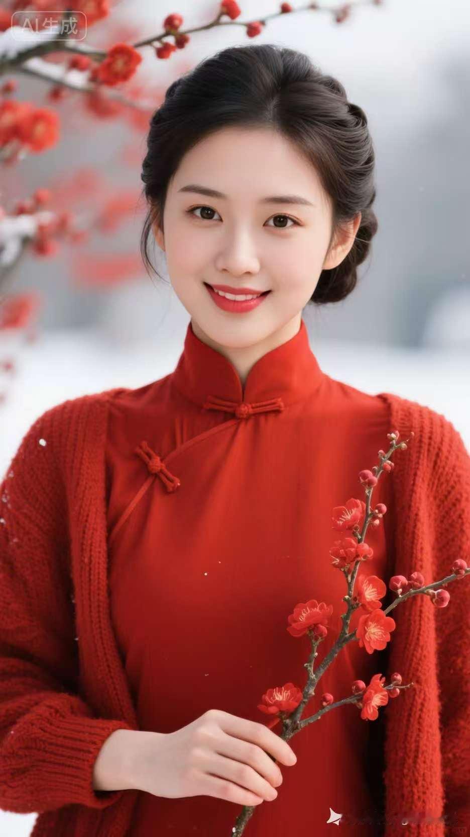 冬日暖阳下的红衣少女，手捧红梅，笑靥如花。