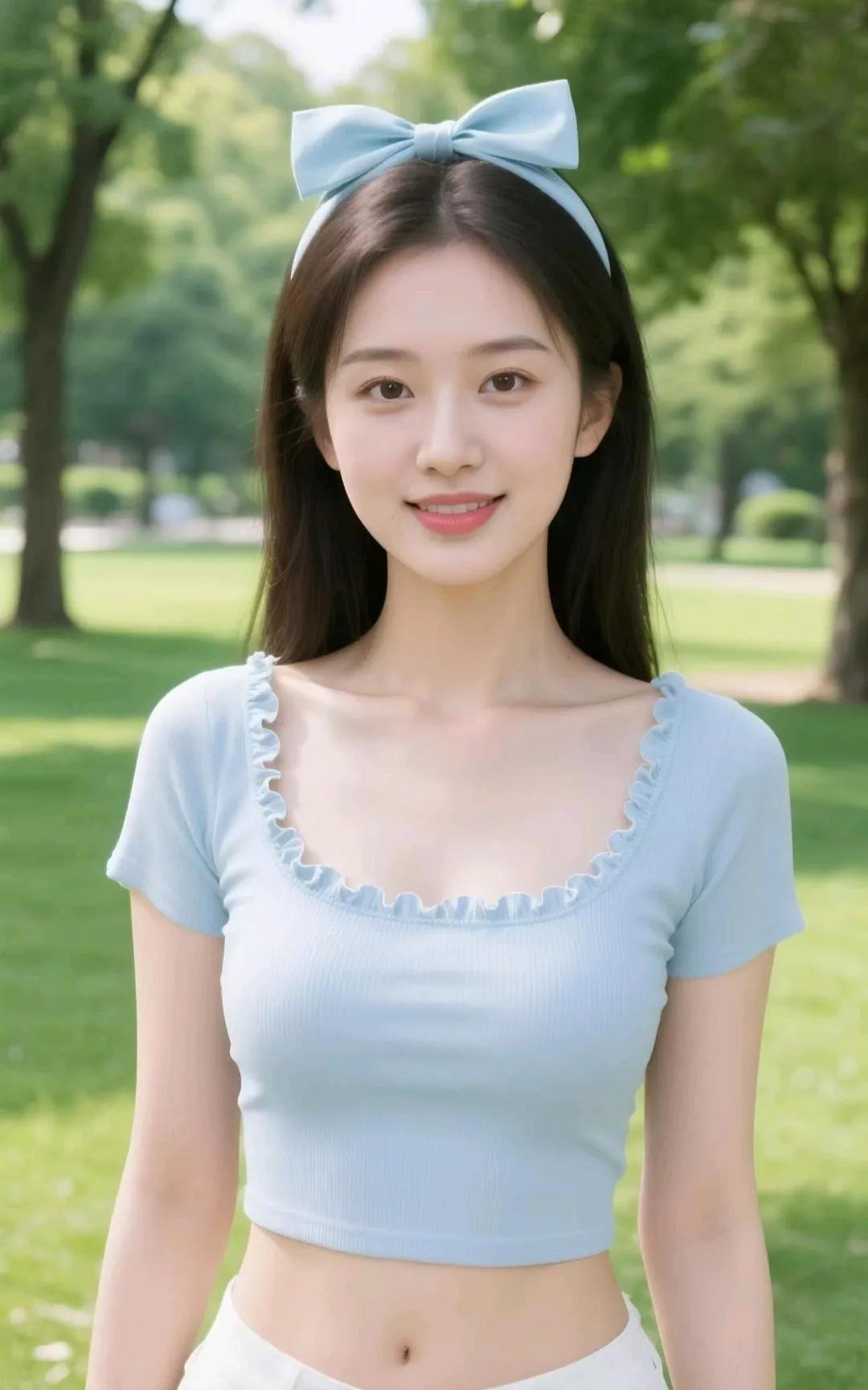夏日清新少女风，浅蓝色头巾搭配短袖，元气满满！🌞💙👗
