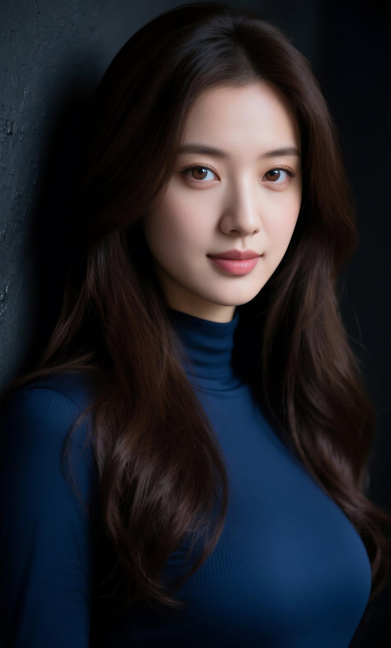 深蓝色高领衫，在暗调背景下尽显质感