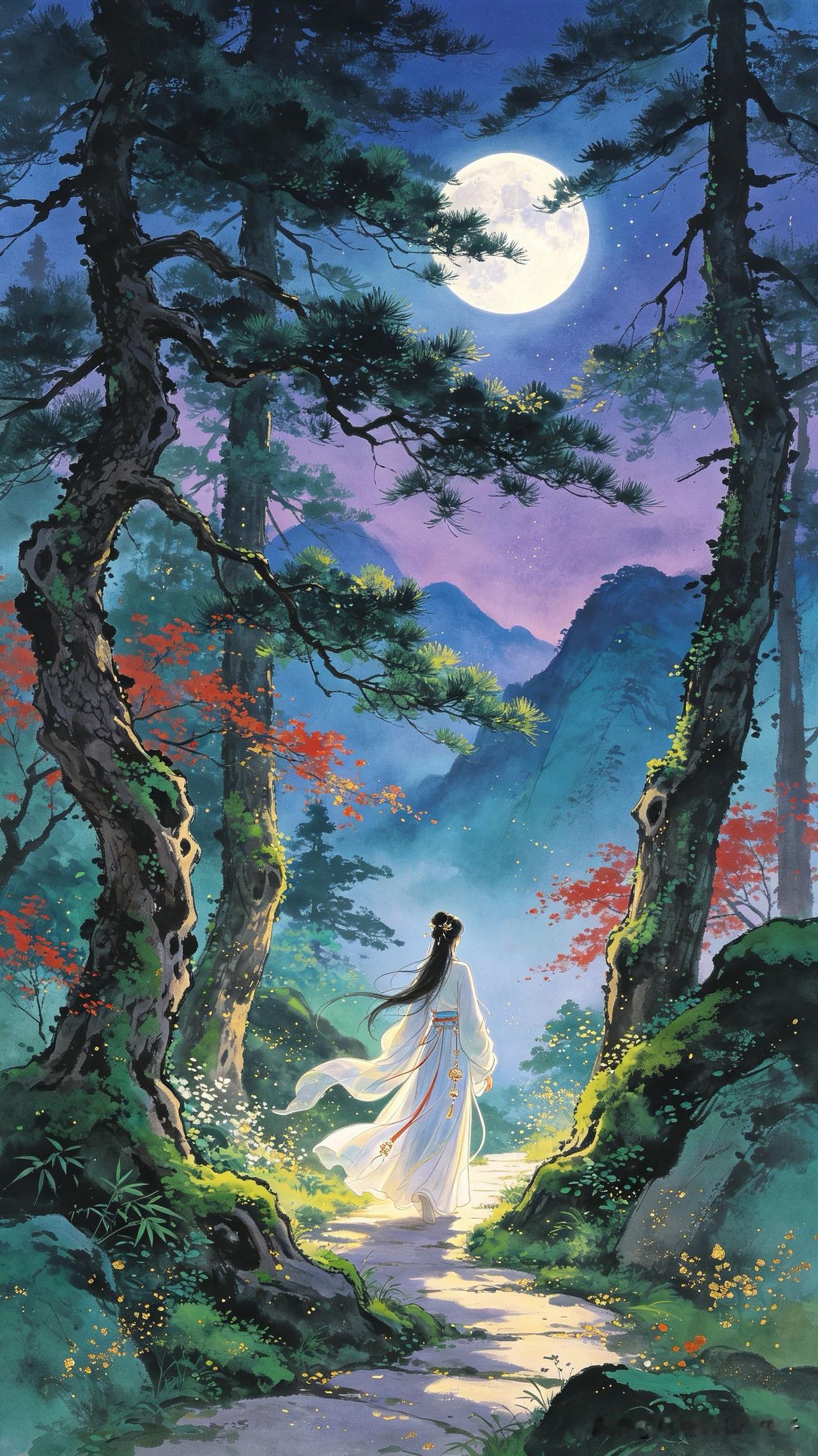 曲径苔深露湿衣，
松风吹雾湿清辉。
忽闻林外佩环响，
       
…………请