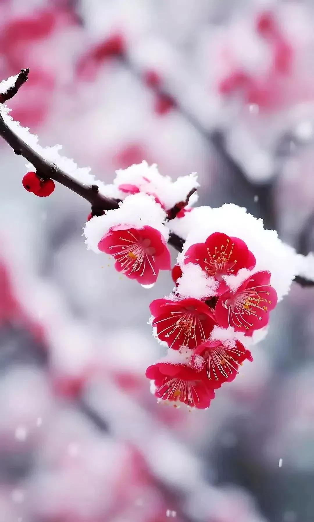 上联：冬雪滋红梅，
下联：春风润绿柳。