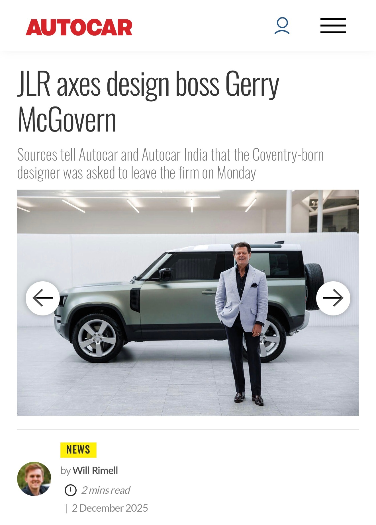 最新消息：捷豹路虎于周一闪电解雇了首席创意官Gerry McGovern，立即生