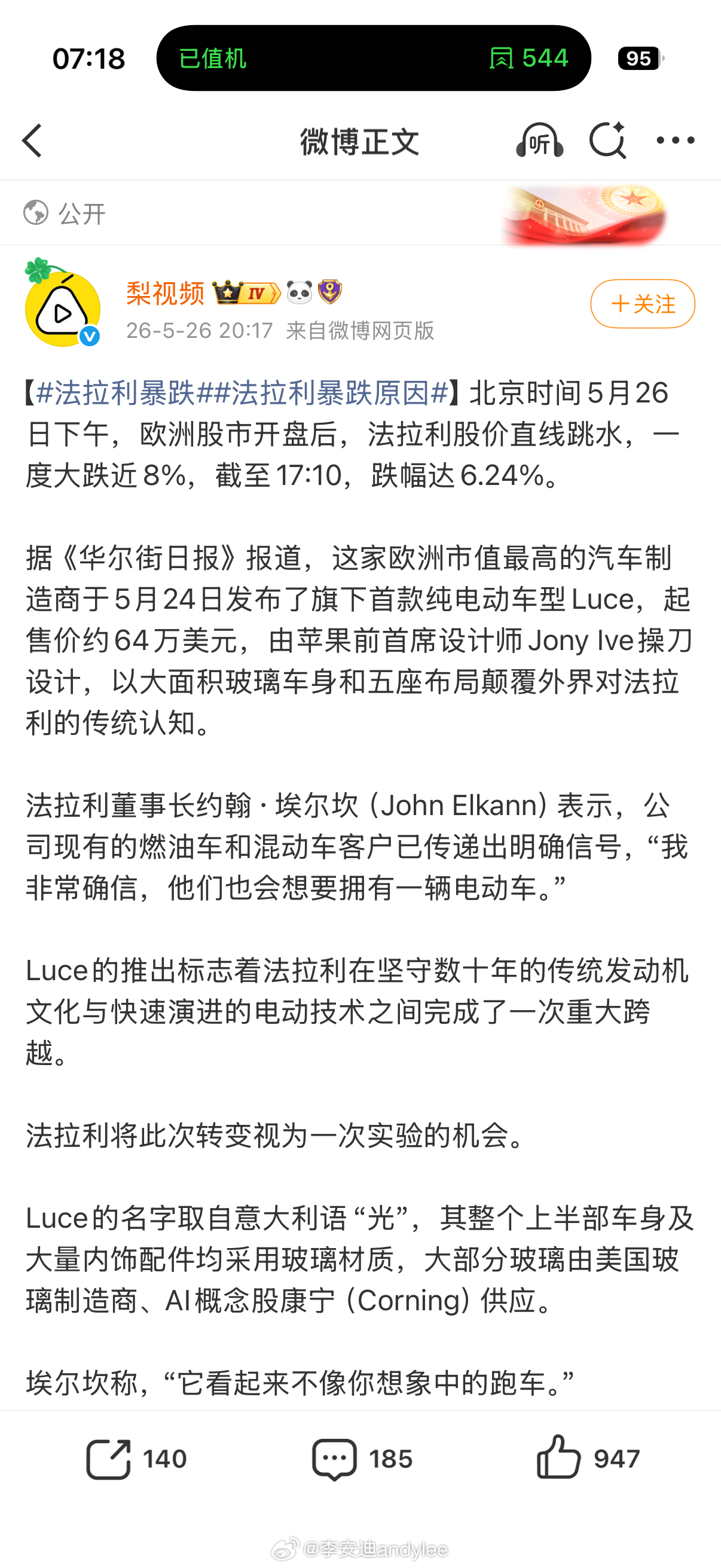 法拉利暴跌 因为造型问题，暴跌