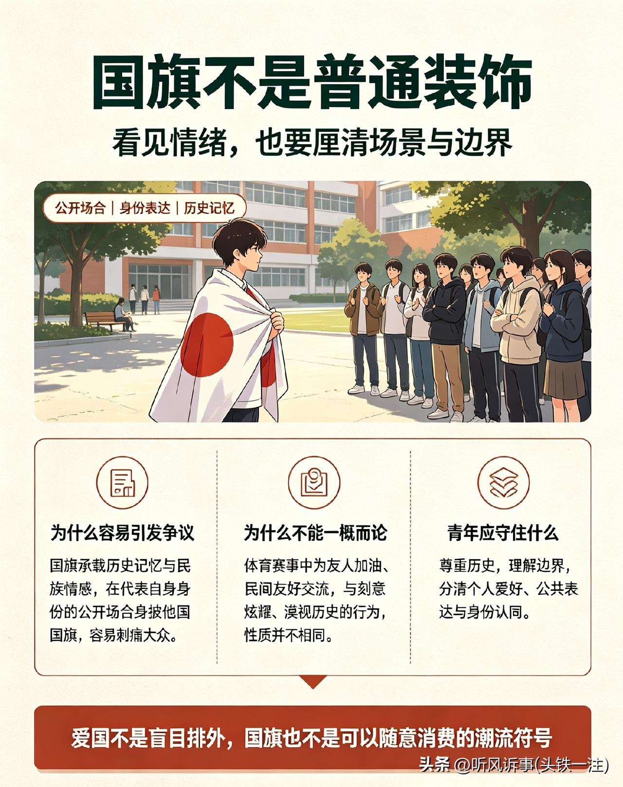 个别中国留学生身披日本国旗的画面，容易刺痛大众情感，背后折射多重现实问题。一部分