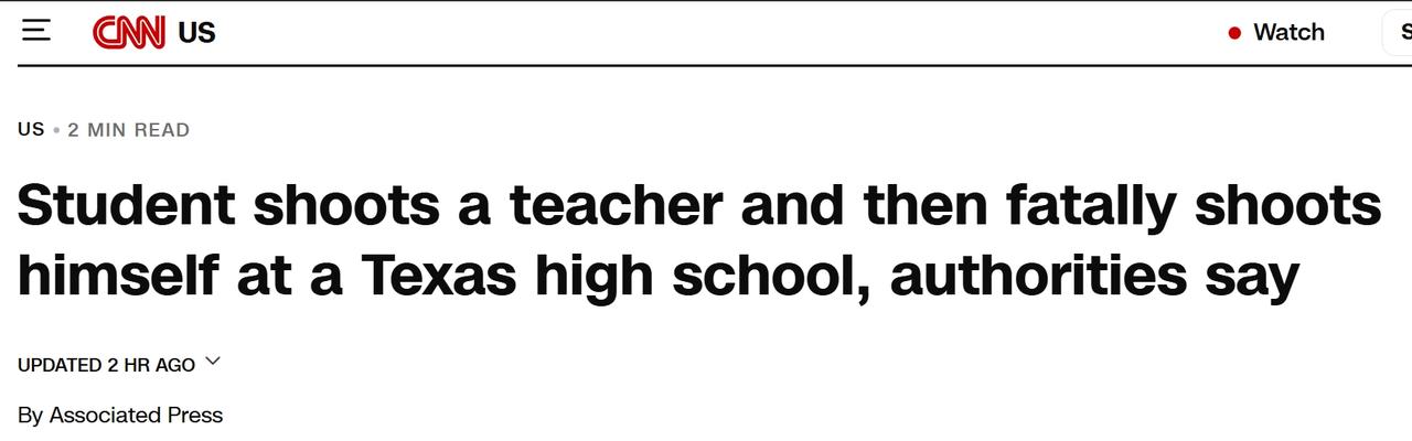 美国高中学生开枪射击老师后自杀身亡
当地时间周一，美国德克萨斯州布尔韦尔德希尔乡