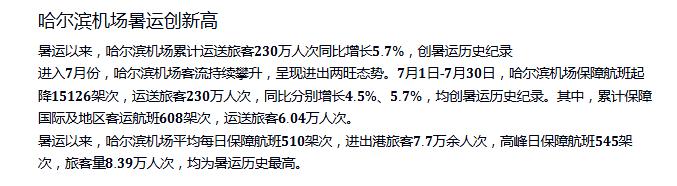 从7月开始，哈尔滨机场已经累计运送旅客𝟐𝟑𝟎万人次了，同比增长𝟓.𝟕%