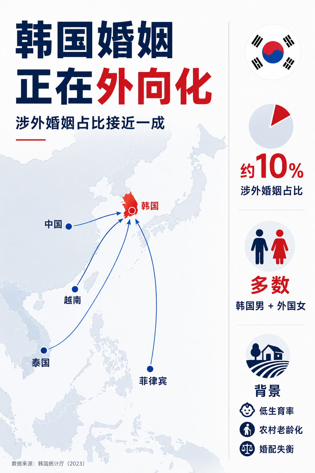 韩国涉外婚姻占比接近一成，跨国婚姻成为人口问题讨论焦点近年来，韩国涉外婚姻数量持