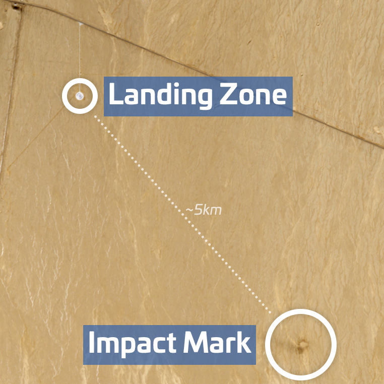 长征12甲首次回收试验中，第一级助推器撞击地面的位置，距离预定着陆点约5公里 