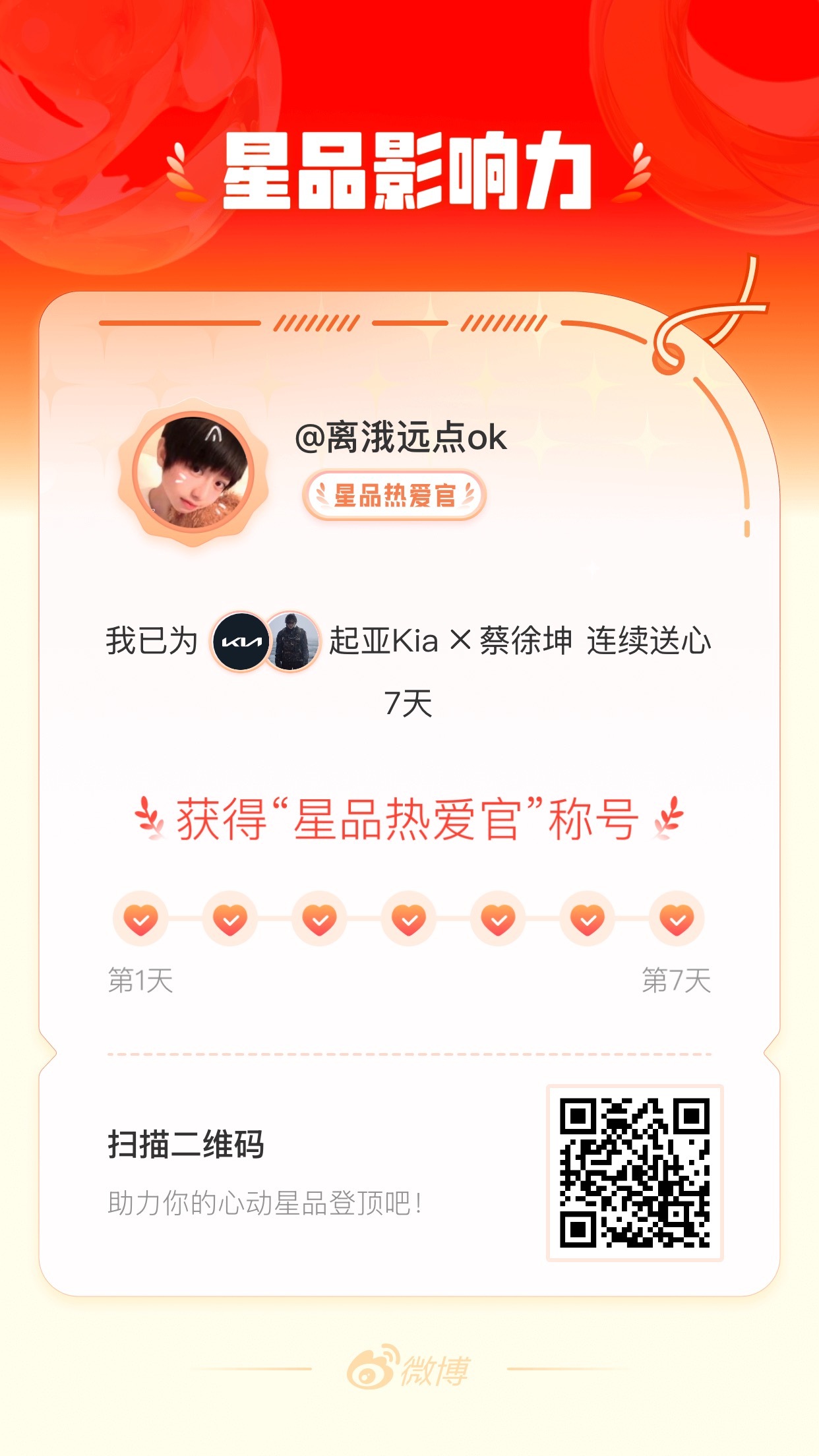 我在星品影响力上为 X 连续送心7天，获得“星品热爱官”称号！快来一起pick你