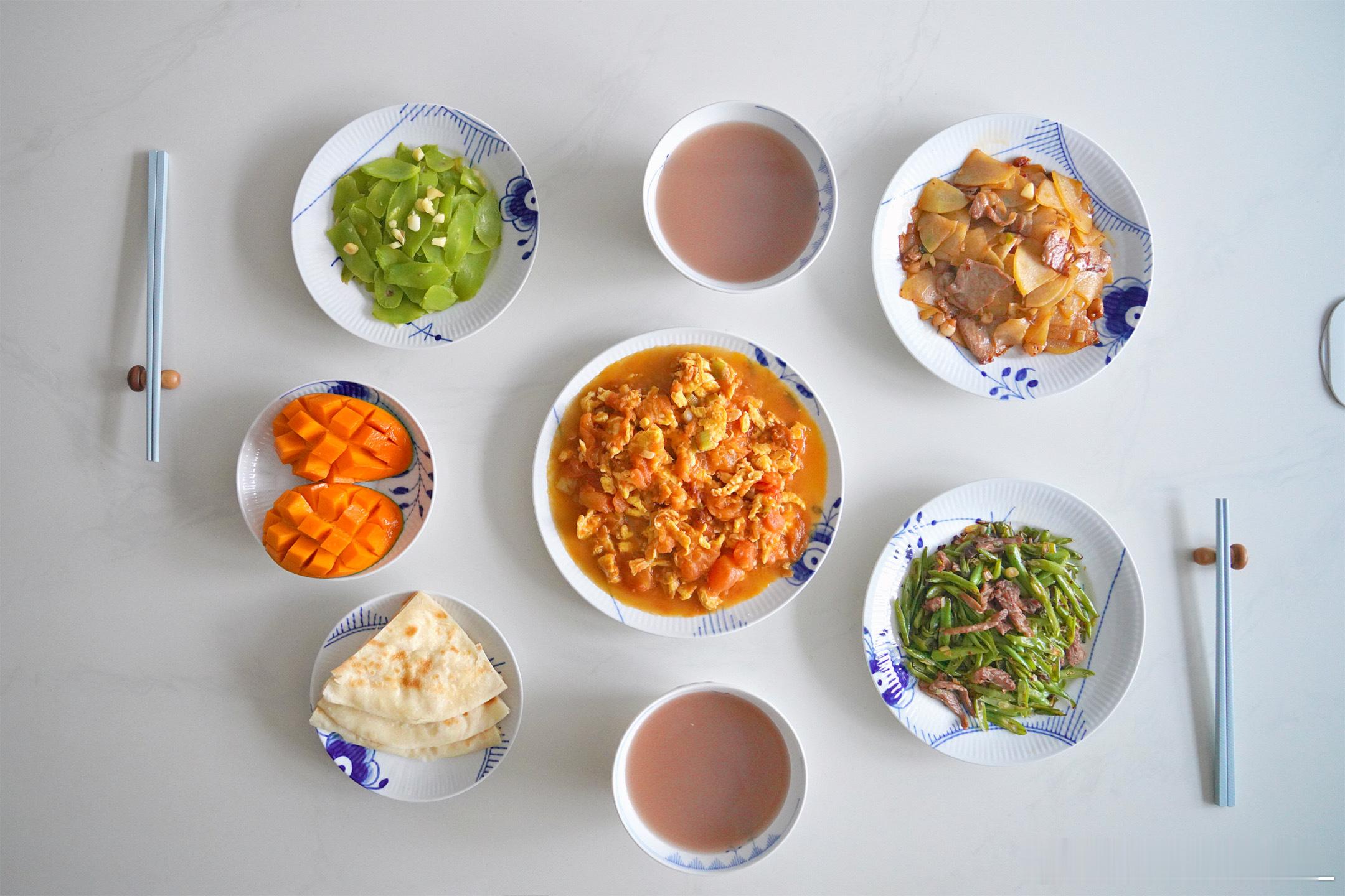 新周好呀早饭番茄炒蛋、豆角炒肉、蒜蓉莴笋、干锅土豆、家常饼、杂粮粥、芒果~我的美