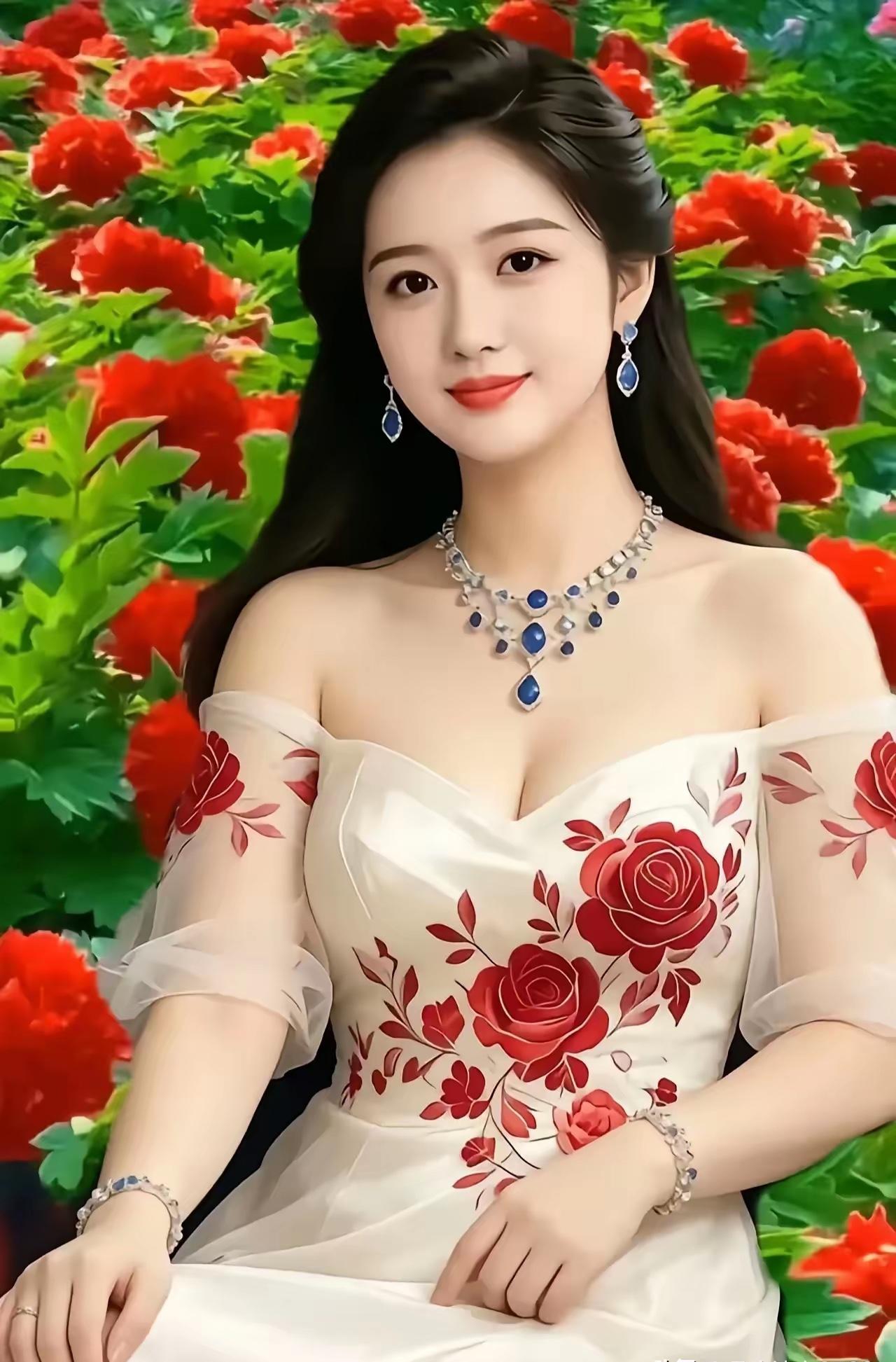 但图中花丛中的这位美女，倒让牡丹花黯然失色了。