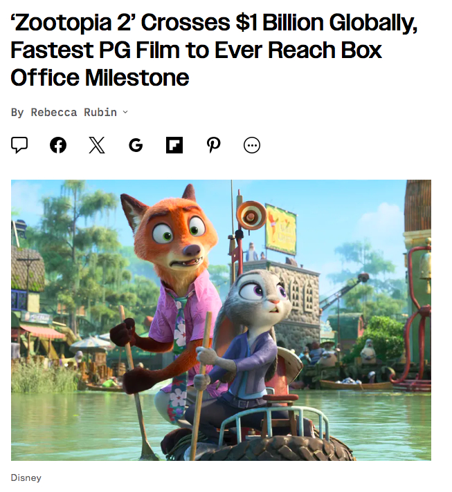 TNABO 《疯狂动物城2》全球票房突破10亿美元大关，耗时17天为PG级历史最