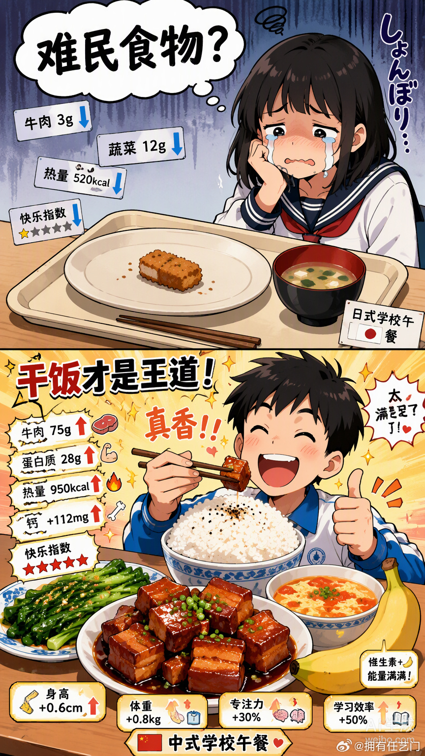 一组中日学校午餐的对比照，在日本社交平台上炸开了锅。看着咱们这边米饭管够、荤素搭