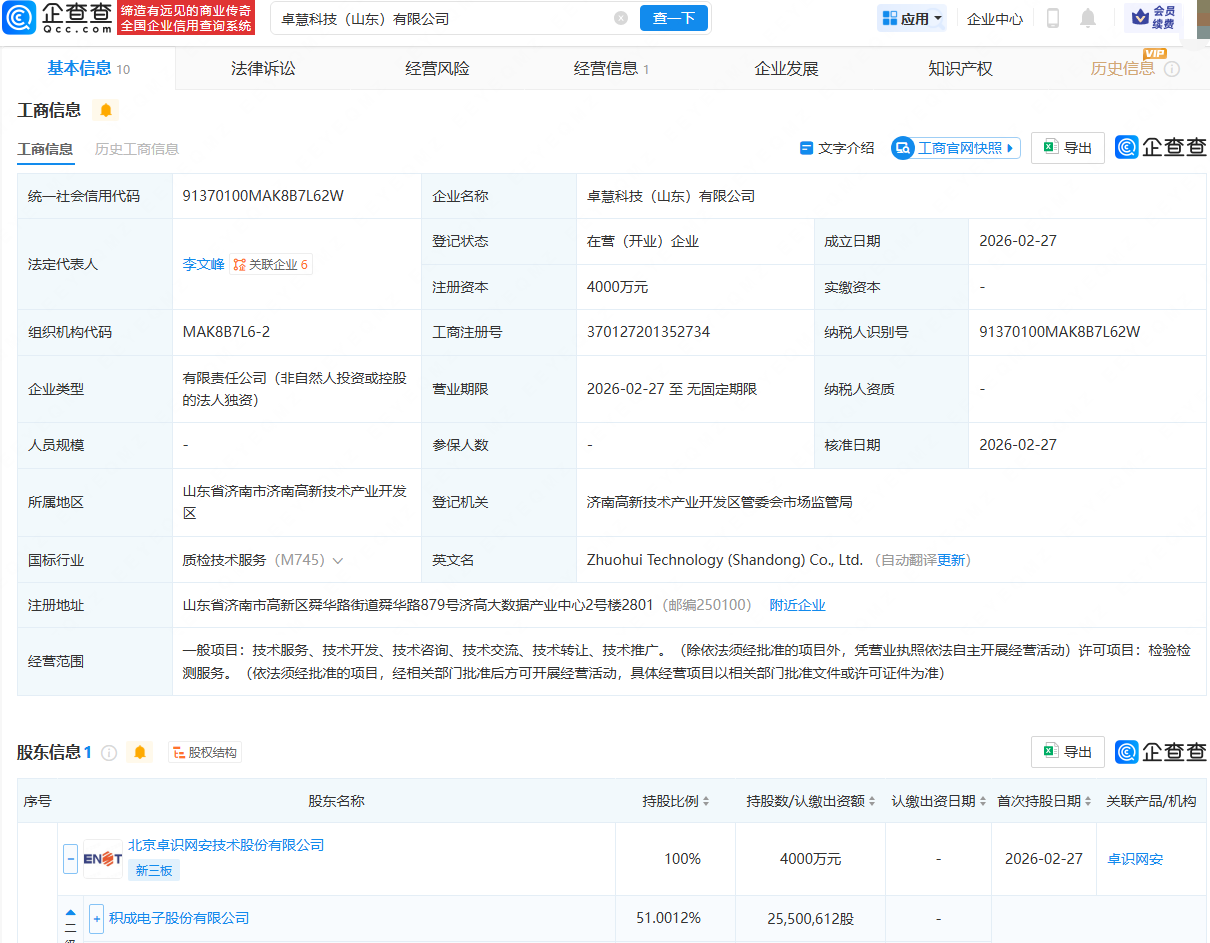 积成电子在山东成立科技公司，注册资本4000万