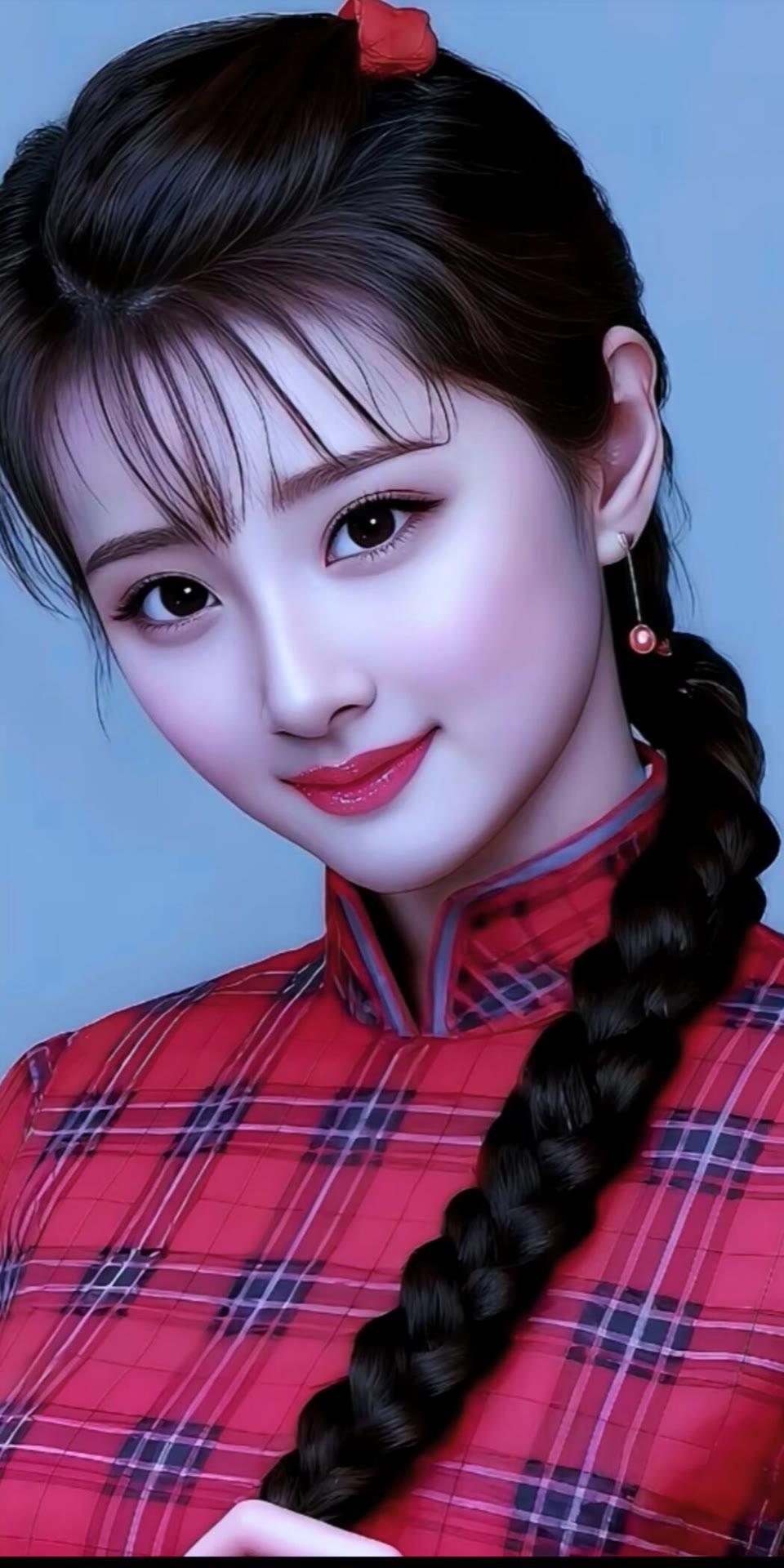 红妆美人笑，红衣映笑颜。