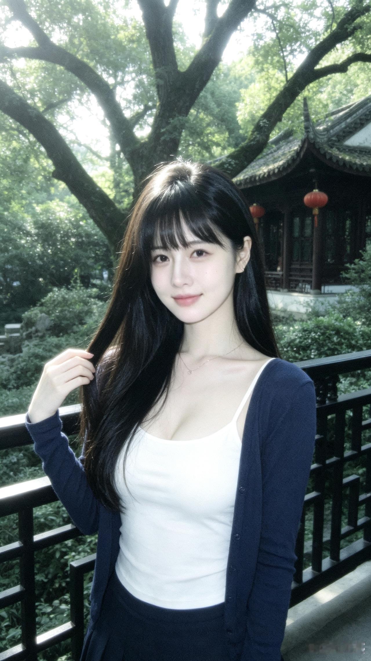 长发美女站在花园里，好漂亮！