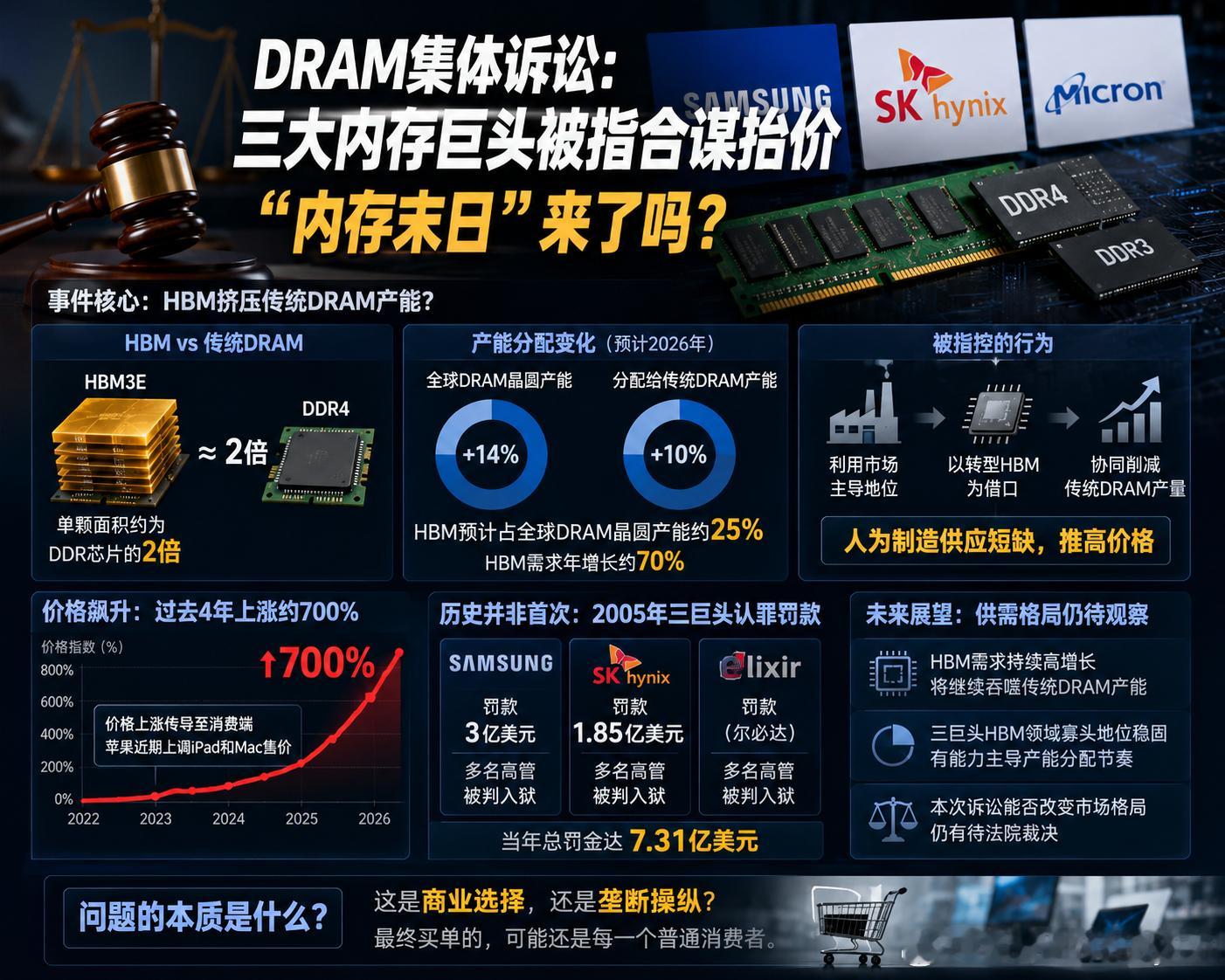 存储三巨头被告了这场DRAM集体诉讼，其实不只是“内存又涨价了”这么简单。简单说