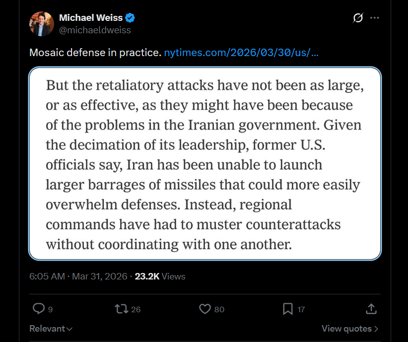 今天看见的吐槽：伊朗正在实践“马赛克作战”理论。致敬传奇印太司令部了属于是。 