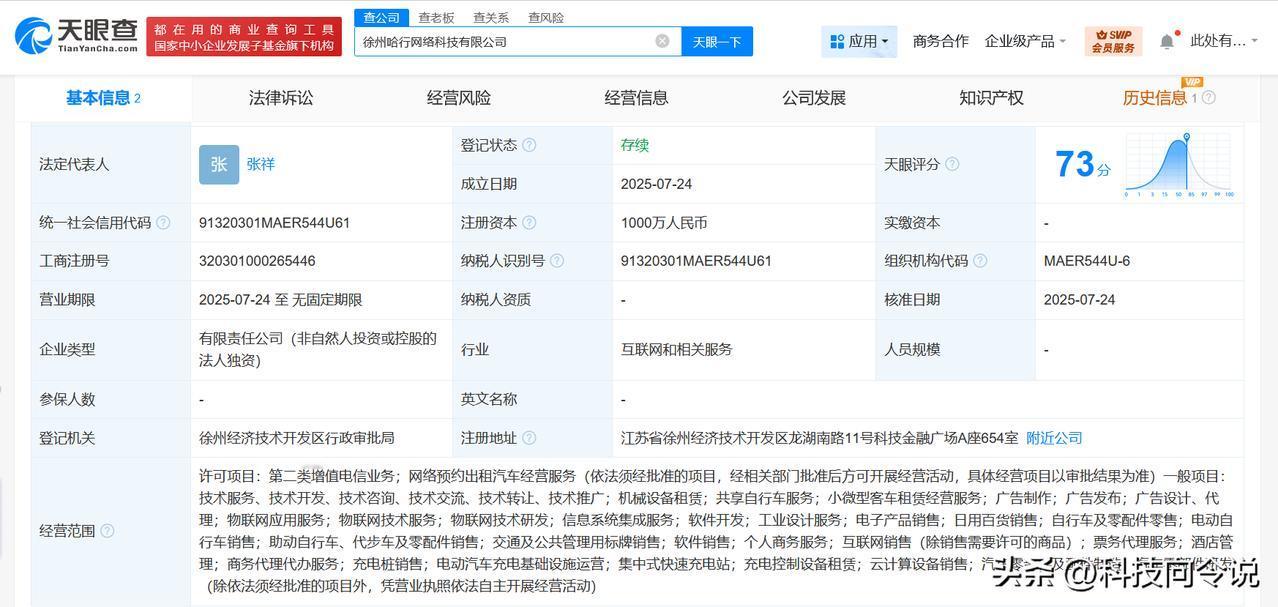 【哈啰出行在徐州成立网络科技公司 注册资本1000万】
天眼查App显示，近日，