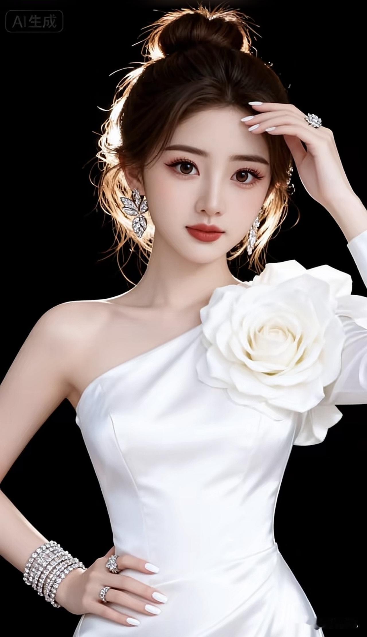 优雅白裙，闪耀珠宝，梦幻玫瑰，完美女神！紫玫瑰长裙 白色长裙套装 抹胸白裙造型 