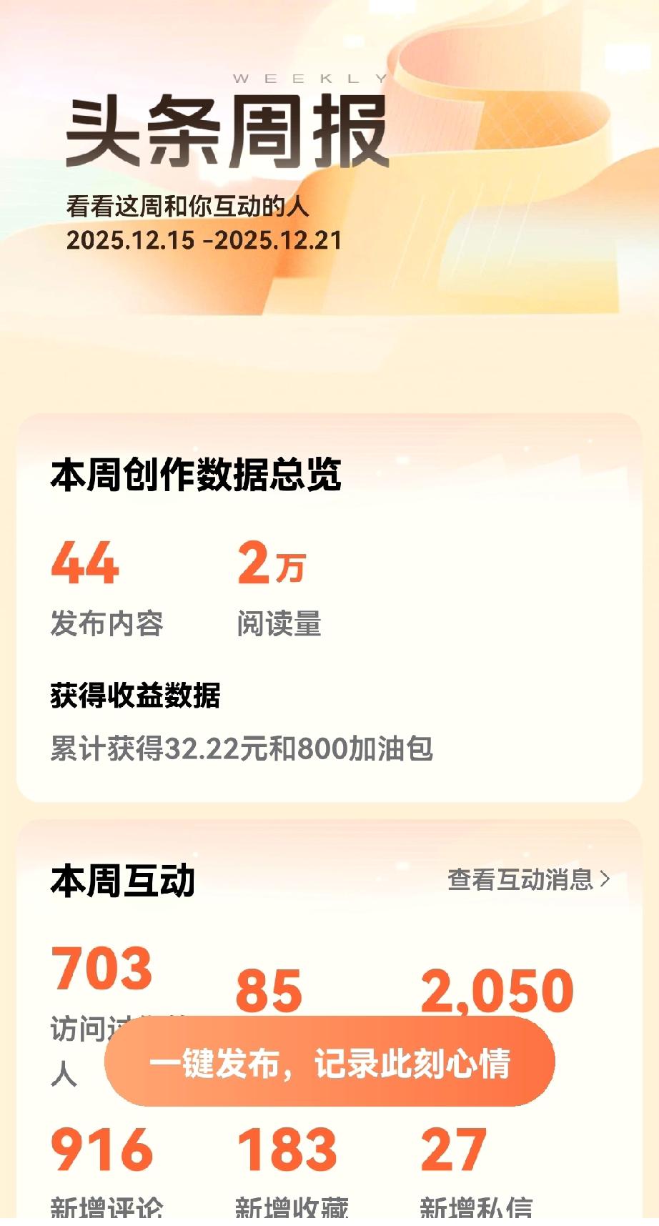 你一周收益有多少，头条早就进行了精准定位，不信大家可以打开自己的头条周报去看一下