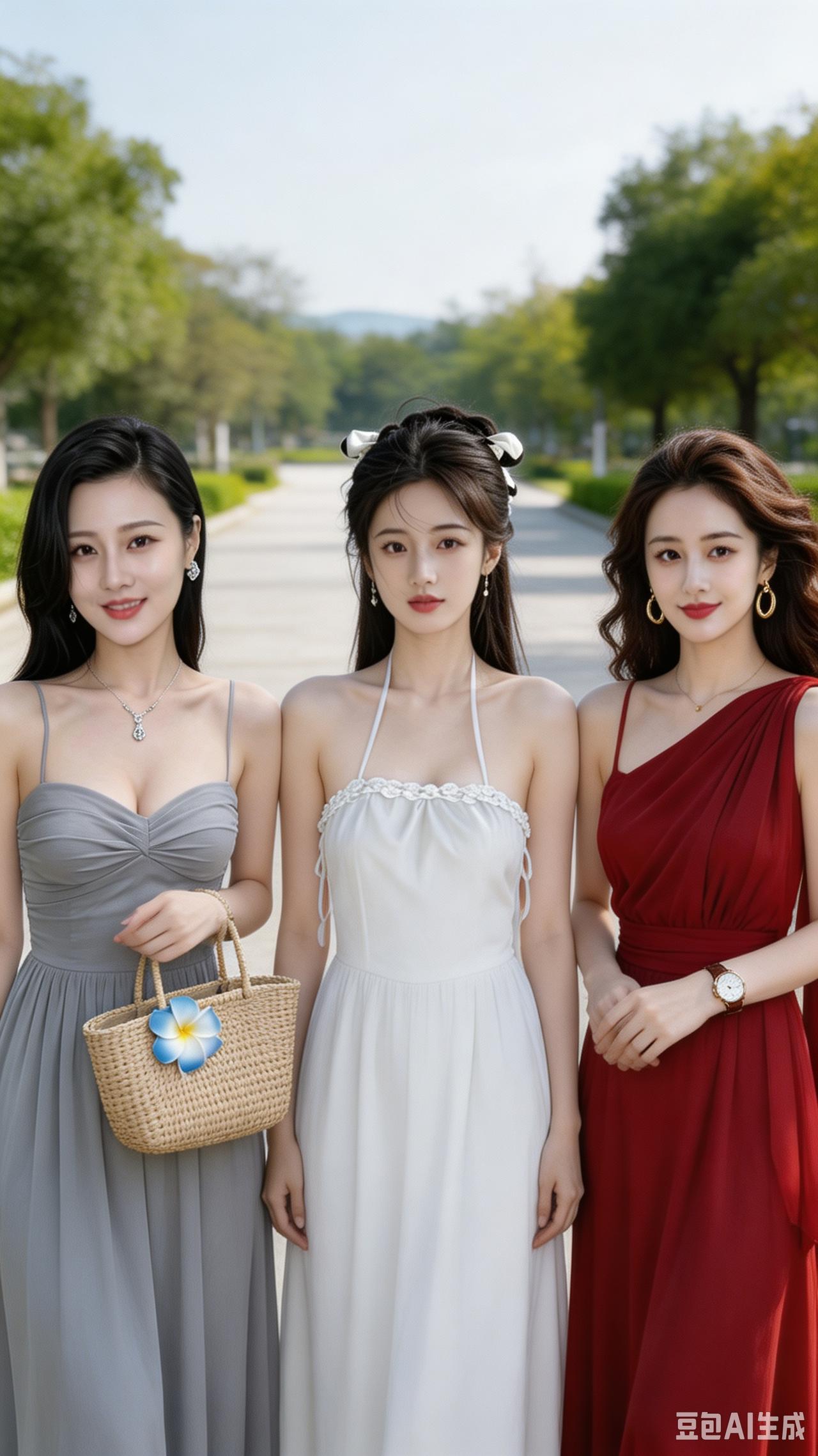 三位美女穿着漂亮连衣裙，在公园里拍照。