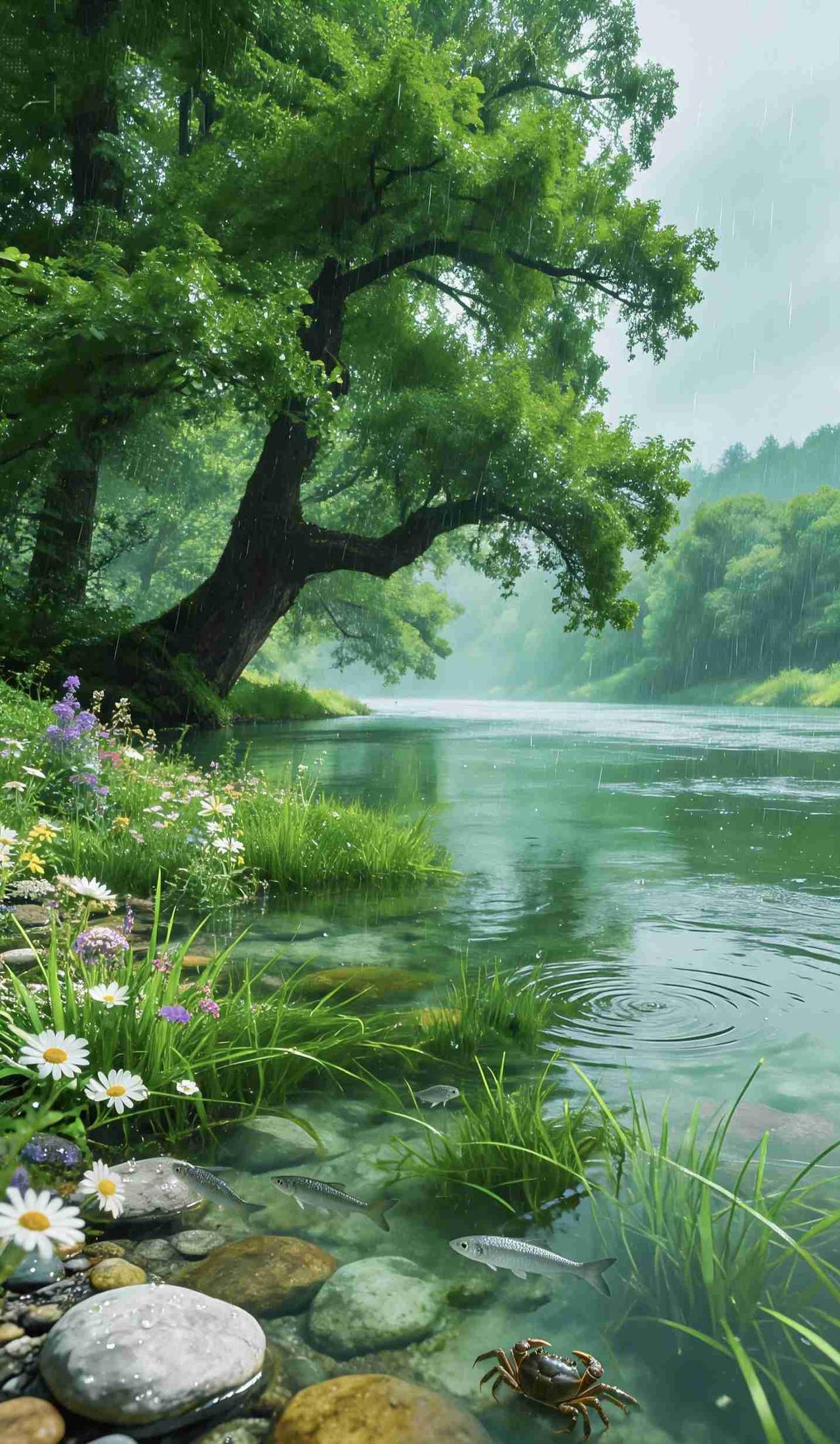 《溪雨清荫》
 
细雨垂林，古木斜临碧水；清波漾岸，繁花静伴幽矶。石底游鱼自戏，