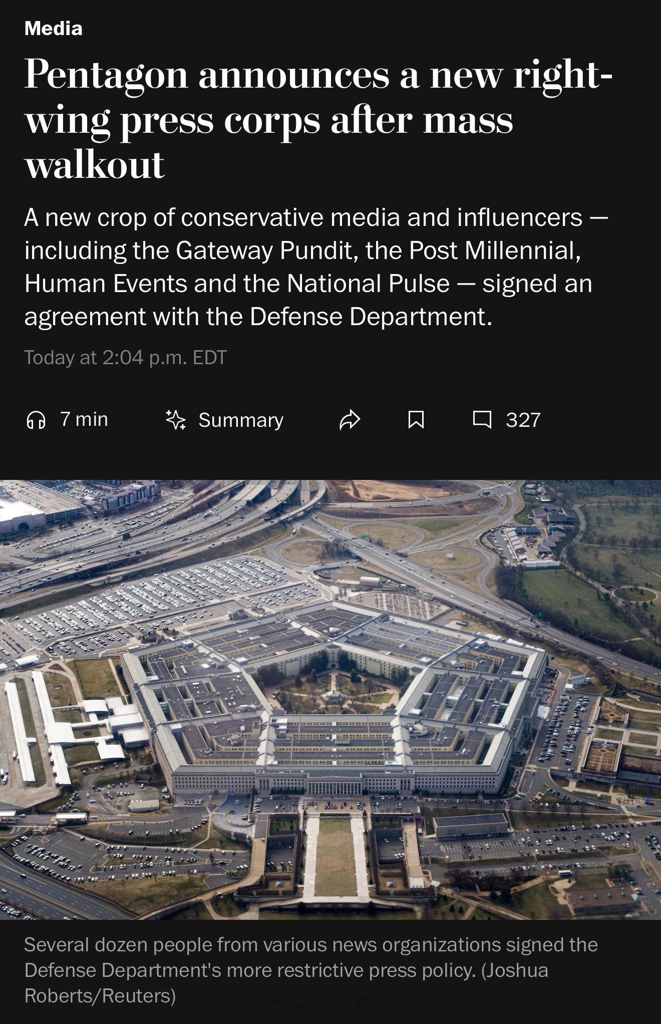 国防部公布新一批五角大楼新闻报道团队的组成，由于传统主流媒体拒绝在新版“承诺书”