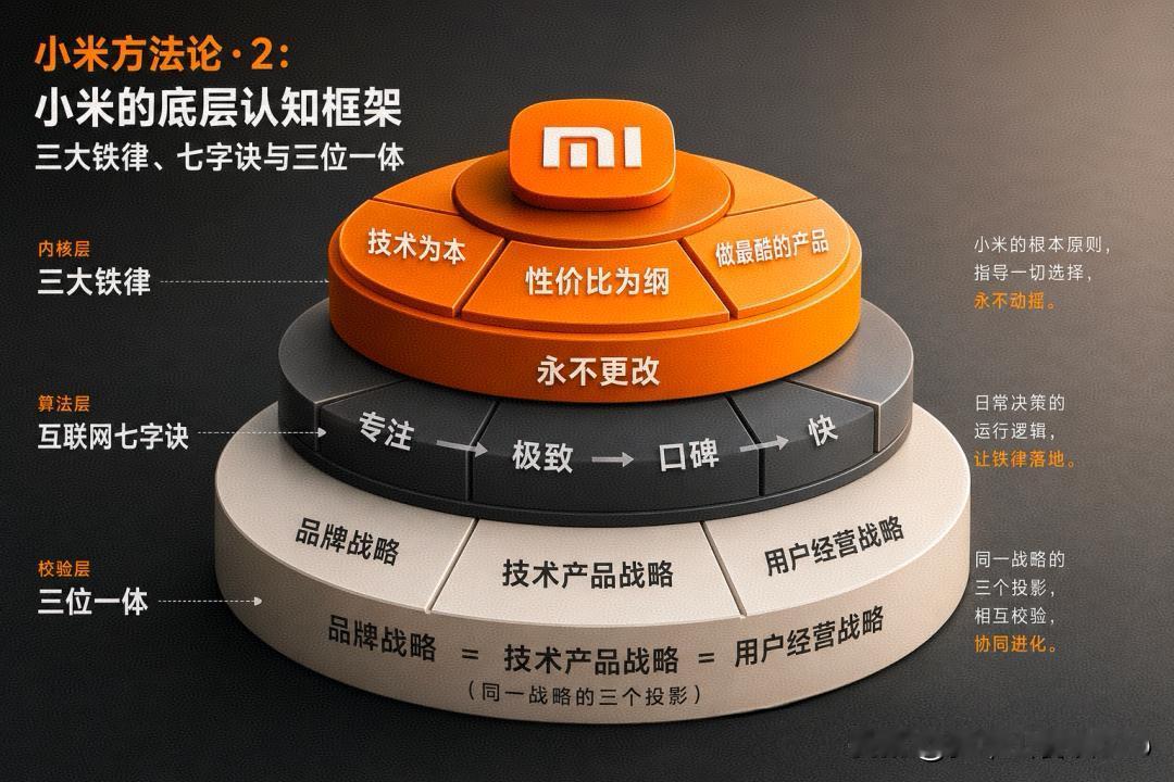 小米方法论:三大铁律（技术为本、性价比为纲、做最酷的产品）、互联网七字诀（专注、