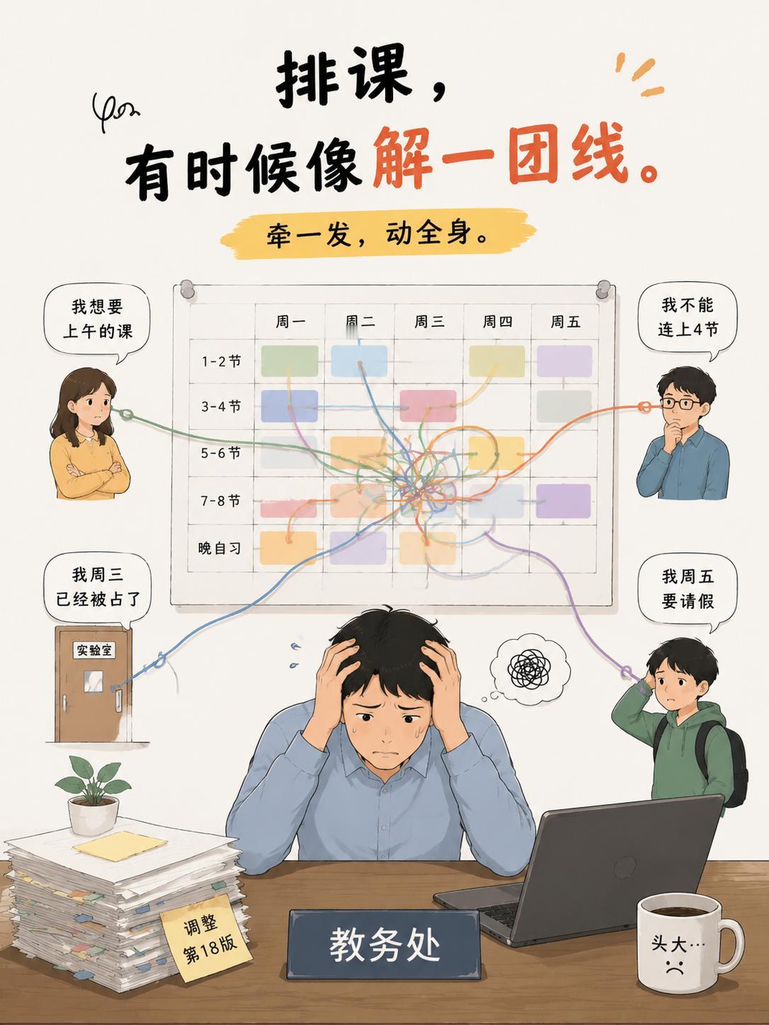 手工制表排课最大的弊端就是关联性太强，所有课时、教室、师资绑定在一起，如同缠绕的