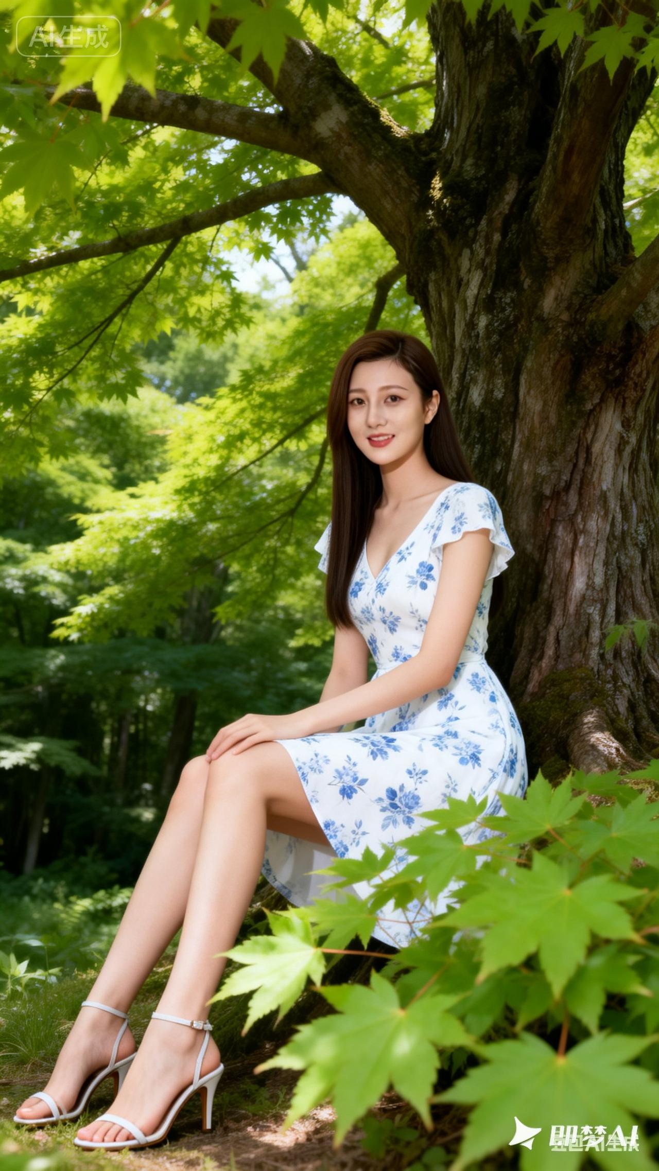 夏日森林中的优雅蓝裙女孩，清新自然，美不胜收！🌿💃🌸