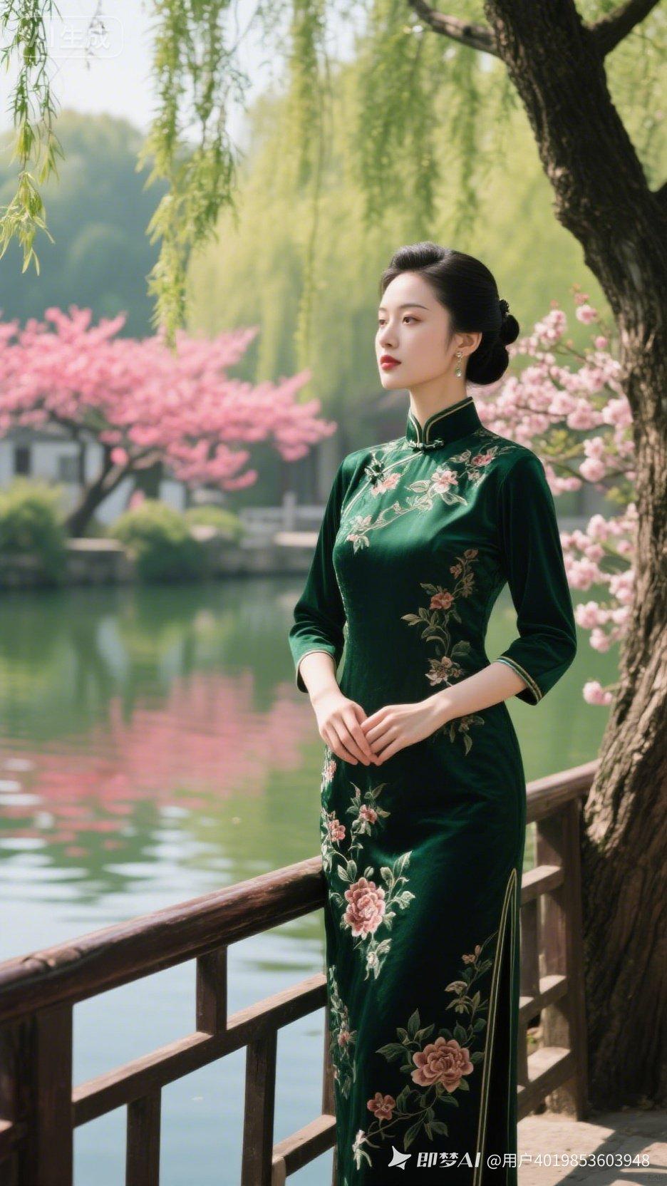 绿意盎然中，她如画般静立，宛如江南水乡的诗意女子。