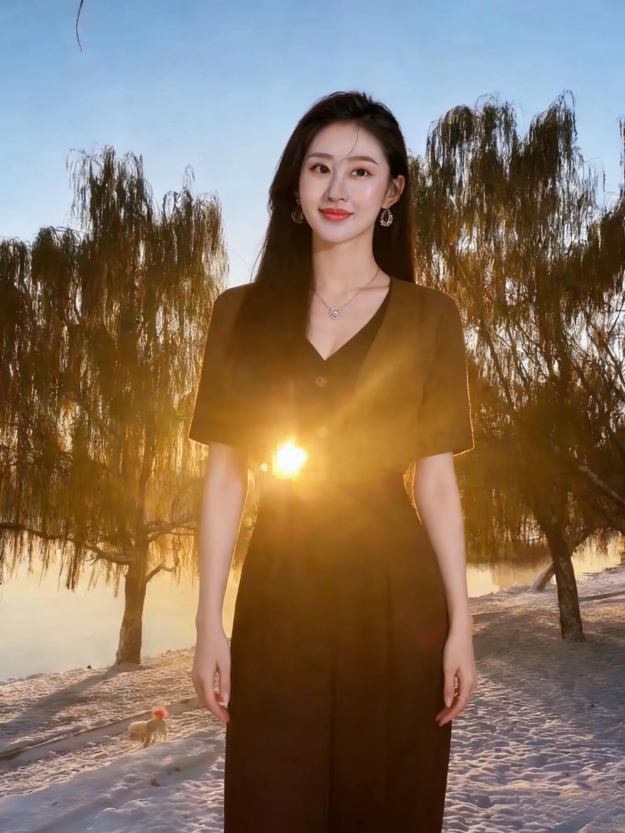 雪覆平芜柳色昏，咖衣素影立江村。
残阳漏影穿疏柳，细水凝冰漾玉痕。
襟角轻扬承晓