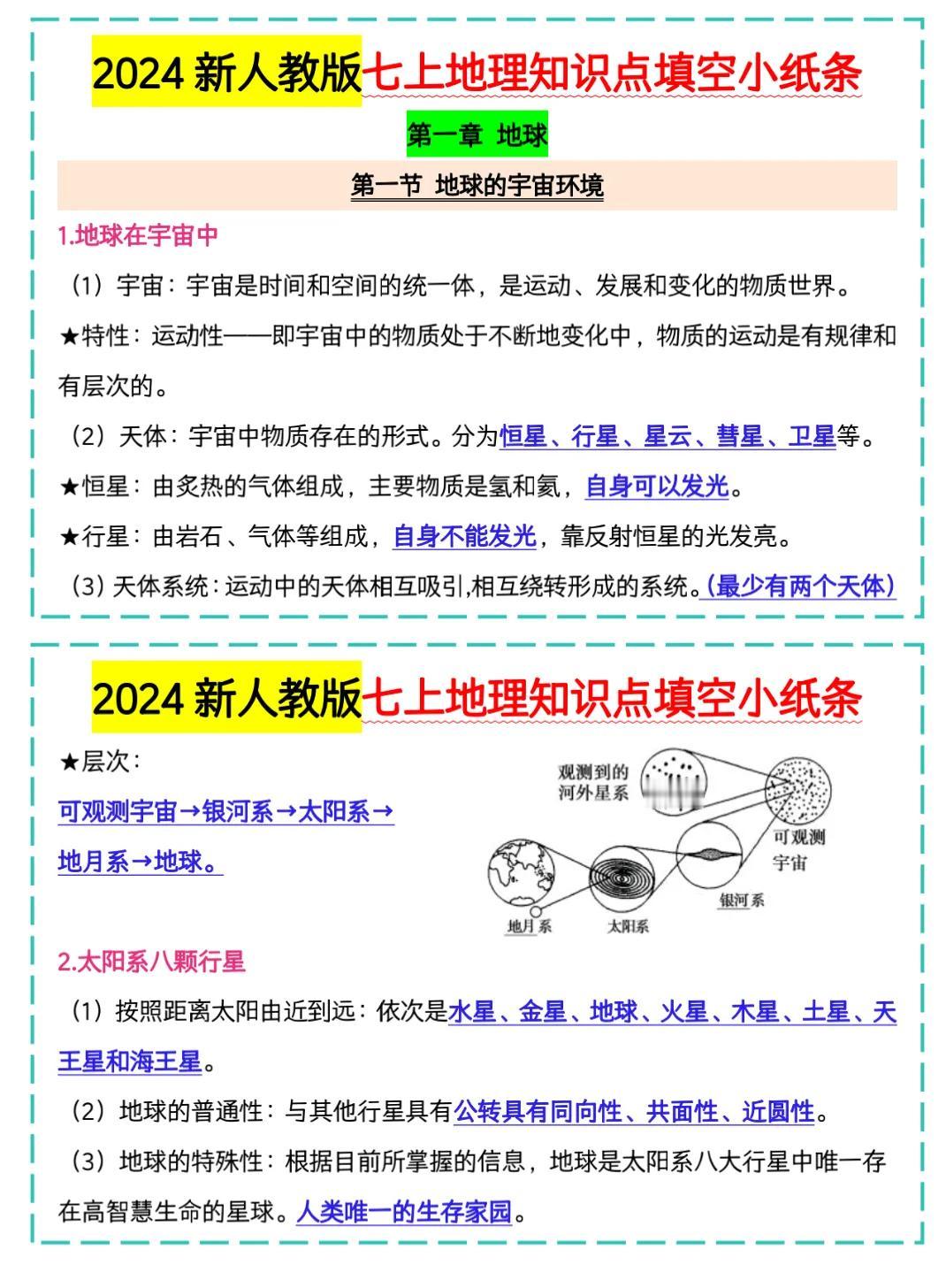 2024新人教版七上地理知识点填空小纸条