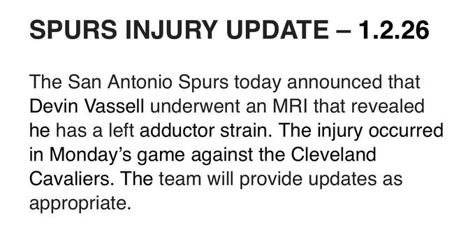 马刺球员瓦塞尔被诊断为左侧内收肌拉伤，暂无复出时间表。下周四，1月8日，湖人主场